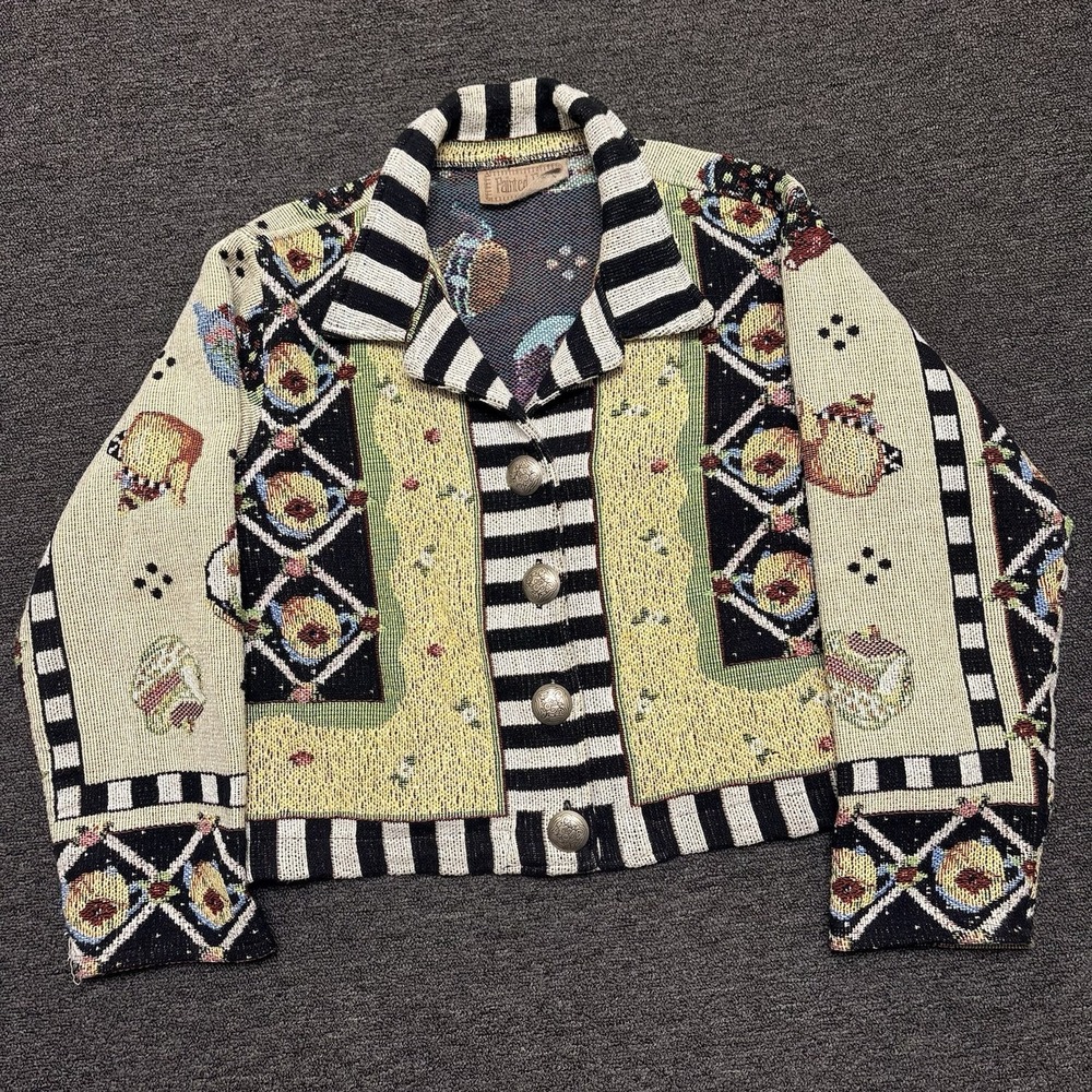 Vintage Painted Pony Tapestry Jacket Women One Size Knit Tea Pots Made in USA